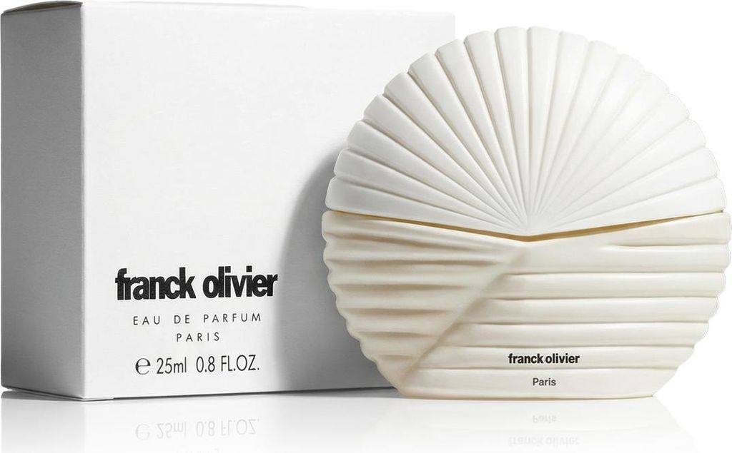 A white perfume bottle and its packaging are displayed on a white background.