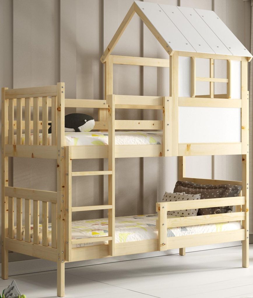 Interbeds Etagenbett Hochbett Hausbett 190x90cm Naturholz Massivholz 2 Plätze mit Rausfallschutz mit Lattenrost Bettgestell trennbar in 2 Einzelbe...