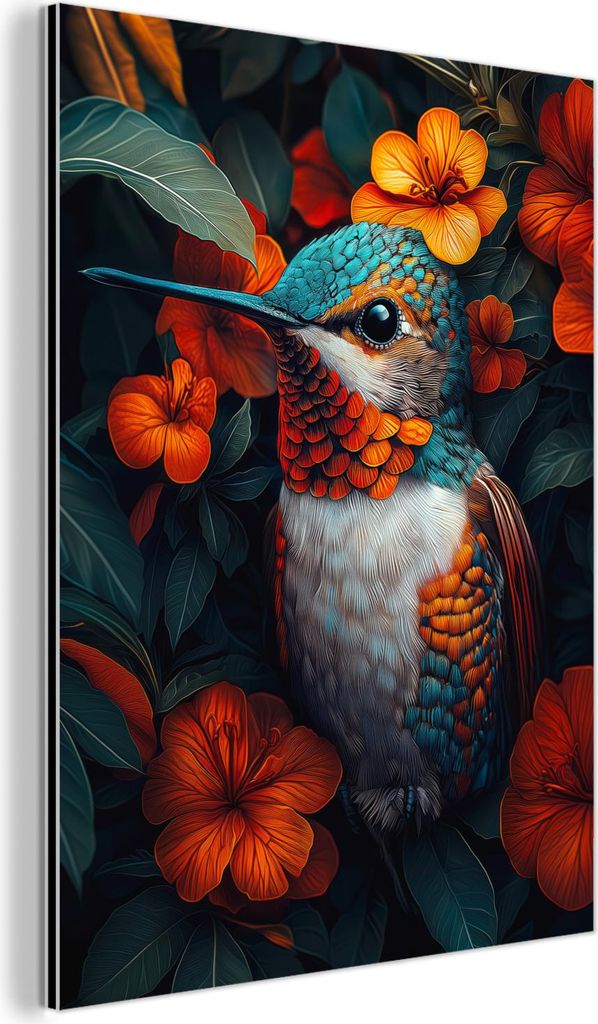 MuchoWow Wanddekoration Metall Metallbild Wandkunst 30x40 cm Kolibri - Vogel - Bunt - Orangefarbene Blumen MuchoWow Aluminium Gemälde - Bilder