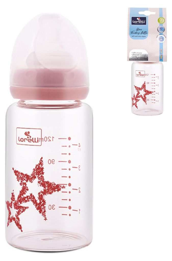 Lorelli Glas-Babyflasche 120 ml mit Anti-Kolik-Sauger – 0+ Monate, -frei, für Mikrowelle, Sterilisator & Flaschenwärmer, Pink/Blue