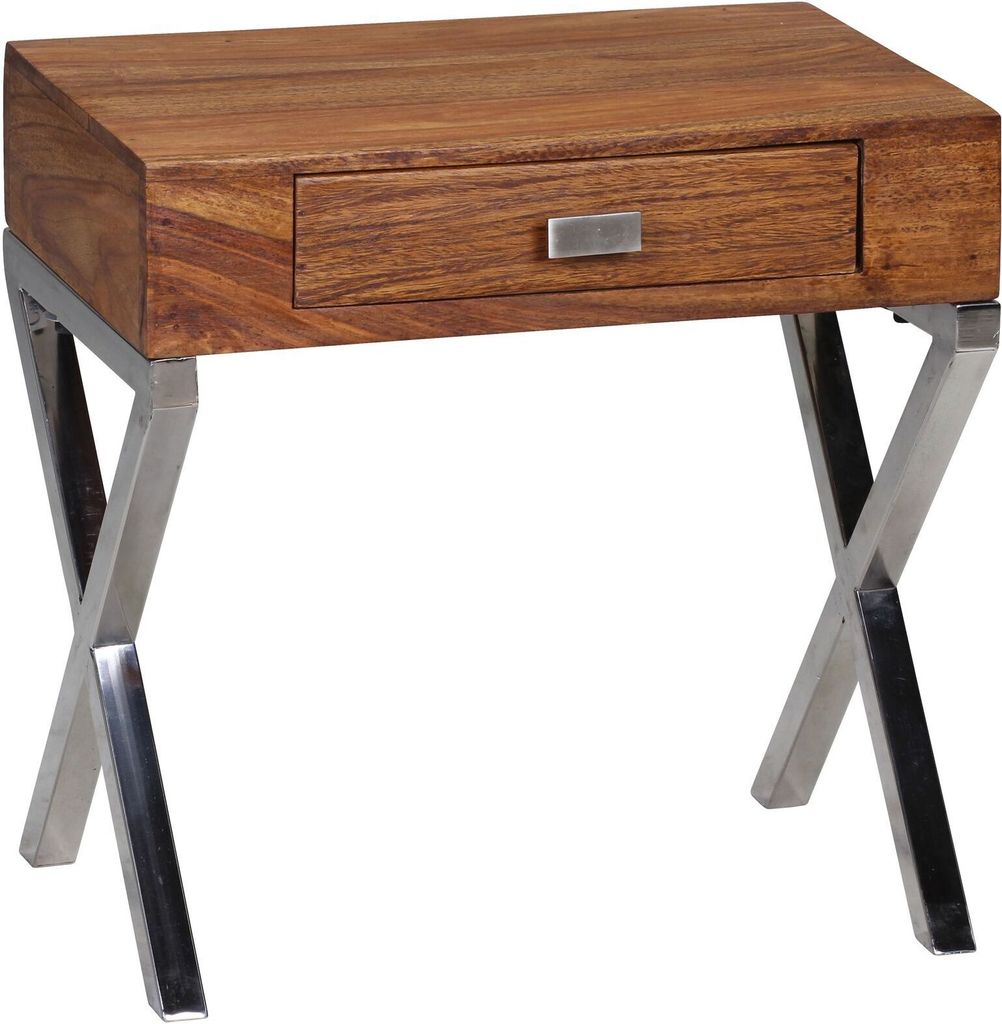 Nachttisch GUNA Massiv-Holz Sheesham Nacht-Kommode 45 cm 1 Schublade mit Metallbeine Nachtschrank Landhaus-Stil Echt-Holz Nachtkästchen dunkel-bra...