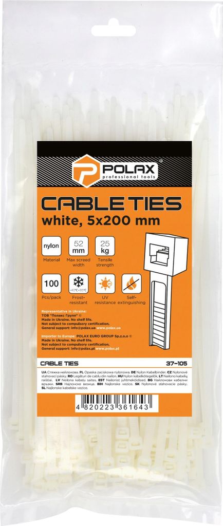 Kabelbinder, Nylon, weiß, 5 x 200 mm, 100 Stück, Polax Produktbild 