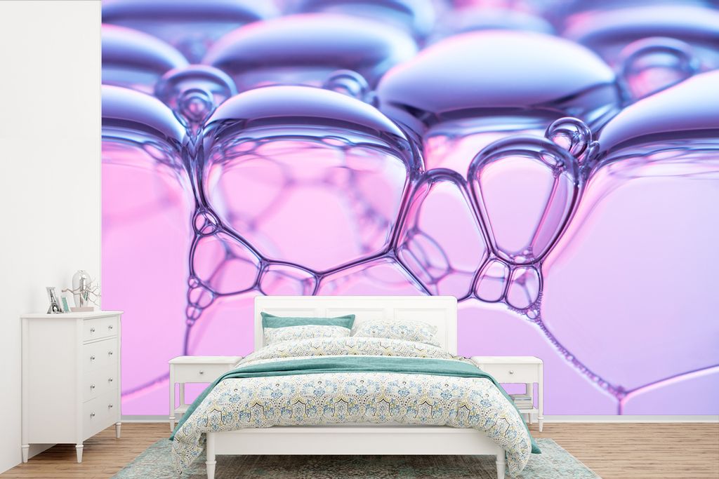 MuchoWow Fototapete für Wohnzimmer oder Schlafzimmer Wandtapete Vinyl Motivtapete Seifenblasen - Rosa - Wasser - 600x400 cm - Vinyltapeten
