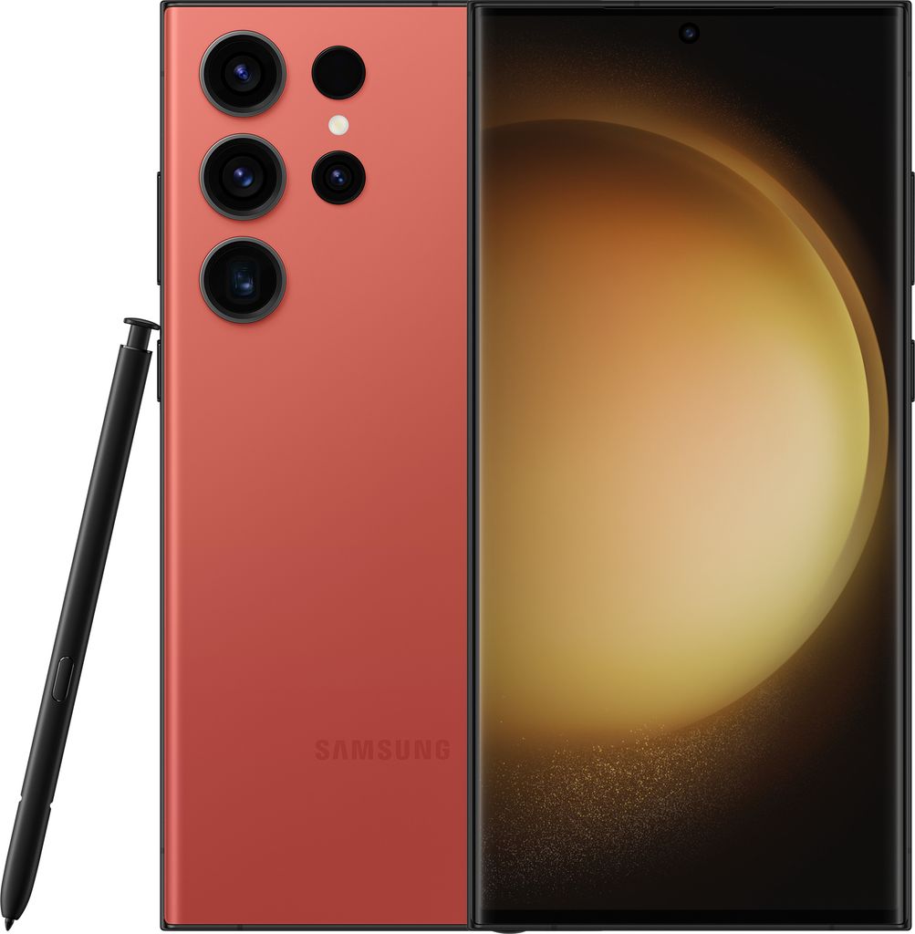 A red Samsung Galaxy S23 Ultra smartphone with its stylus is shown against a white background.