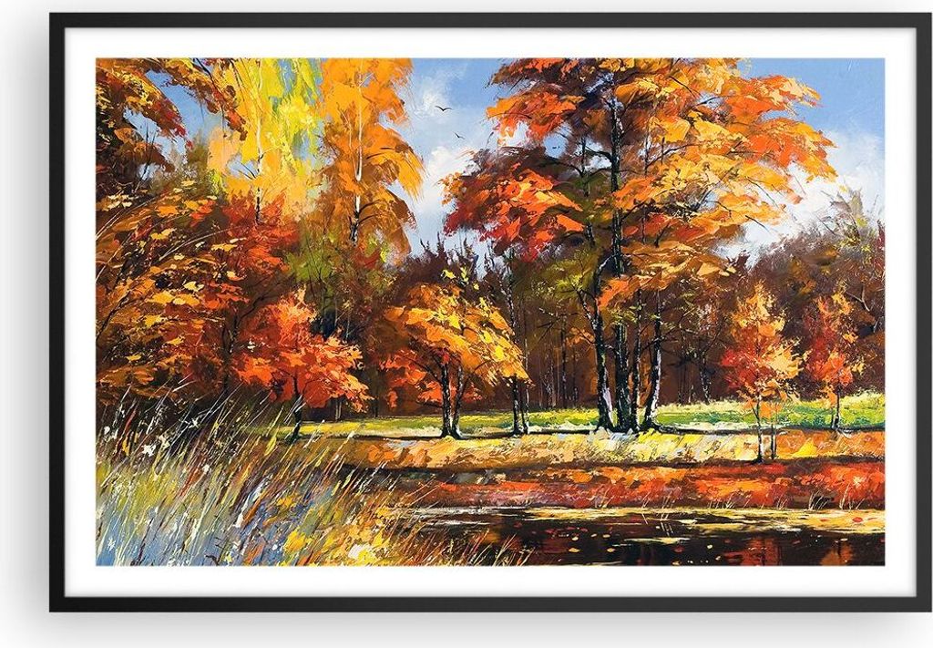 Gerahmtes Poster - Schwarzer Rahmen - Park Herbst Wasser - 91,5x61 cm - Wand Bild - Wanddeko - Wandbilder - Kunstposter - Wandposter - Bilderrahmen...