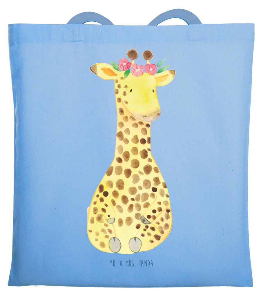 Mr. & Mrs. Panda Jutetasche Giraffe Blumenkranz - Sky Blue - Geschenk, Freundin, Selbstliebe, Laptoptasche, Freizeittasche, Abenteurer, Tasche, Uni...