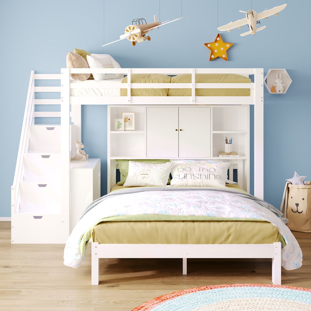 Merax Etagenbett mit Rausfallschutz und Treppe, Hochbett mit Lagerregal und Beistelltisch, Kinderbett mit großem Stauraum,Stockbett 90x200cm/140x2...