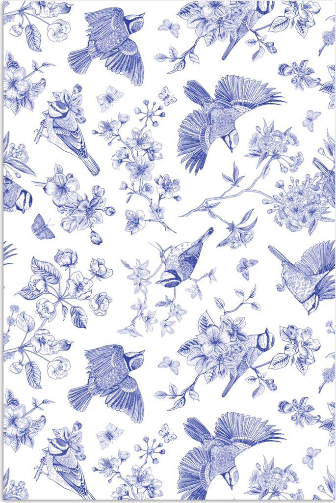 MuchoWow Poster Vintage - Vogel - Blumen - Blau 80x120 cm - Papierdruck