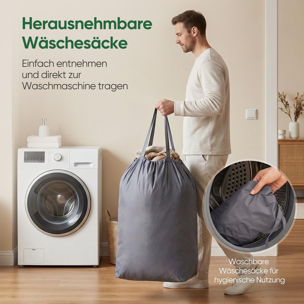 Wäschekorb mit Deckel 160L – großer Wäschesammler mit 2