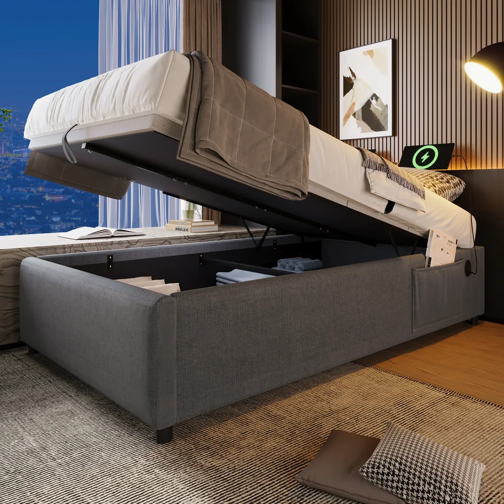 Lit simple 90x190 avec coffre de rangement et tête de lit connectée - 3