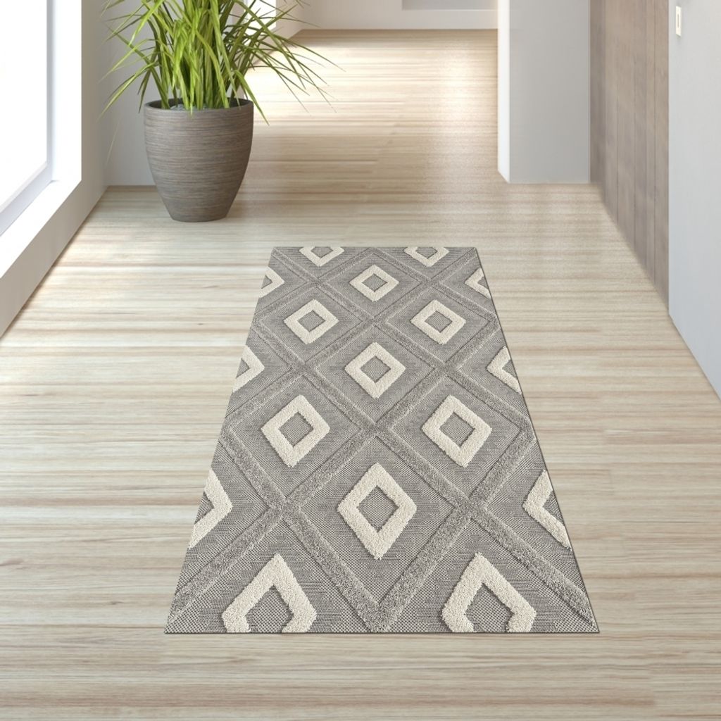 Moderner Wohnzimmerteppich Schlafzimmerteppich mit Rautenmuster in Grau und Beige – Hoch-Tief-Effekt Größe - 80 x 150 cm