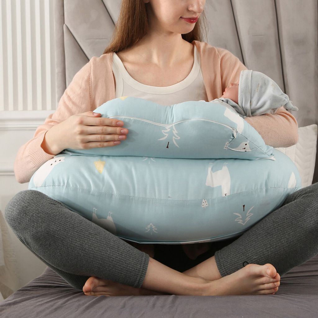 Stillkissen zum Stillen, Original Plus Size Stillkissen mit verstellbarem Hüftgurt und abnehmbarem Baumwollbezug für Mama (weißer Bär grün)