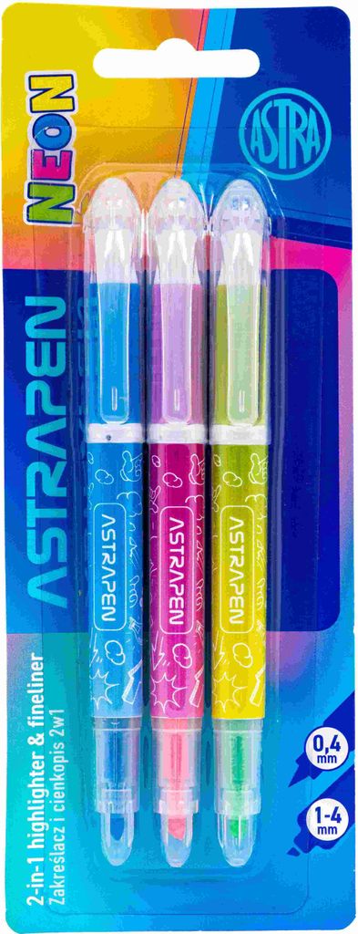 Astrapen Textmarker und Fineliner 2-in-1, Neonfarben, 3 Farben