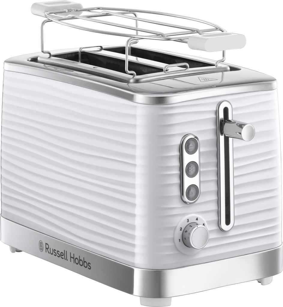 A white Russell Hobbs toaster with a chrome lever and dial, shown from a slightly angled front view on a white background.