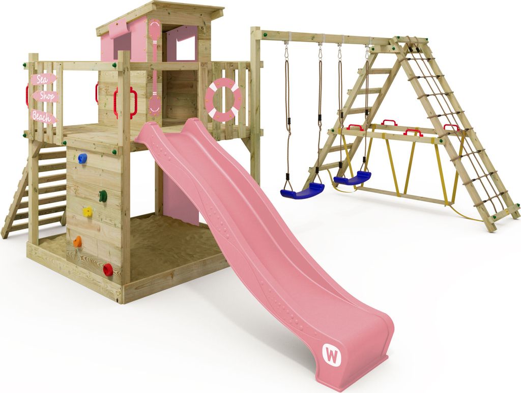 WICKEY Spielturm Klettergerüst Smart Surf mit Schaukel & Rutsche, Kletterturm mit Sandkasten, Leiter & Spiel-Zubehör – pastellpink