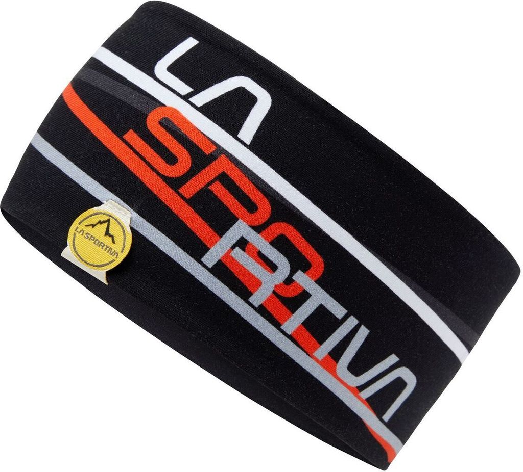 Stirnband von La Sportiva in Schwarz mit grauen und roten Streifen und Logo.