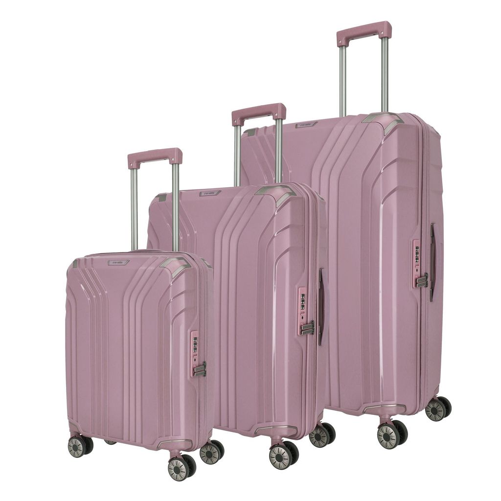 Three rose-colored suitcases of different sizes are displayed against a white background.