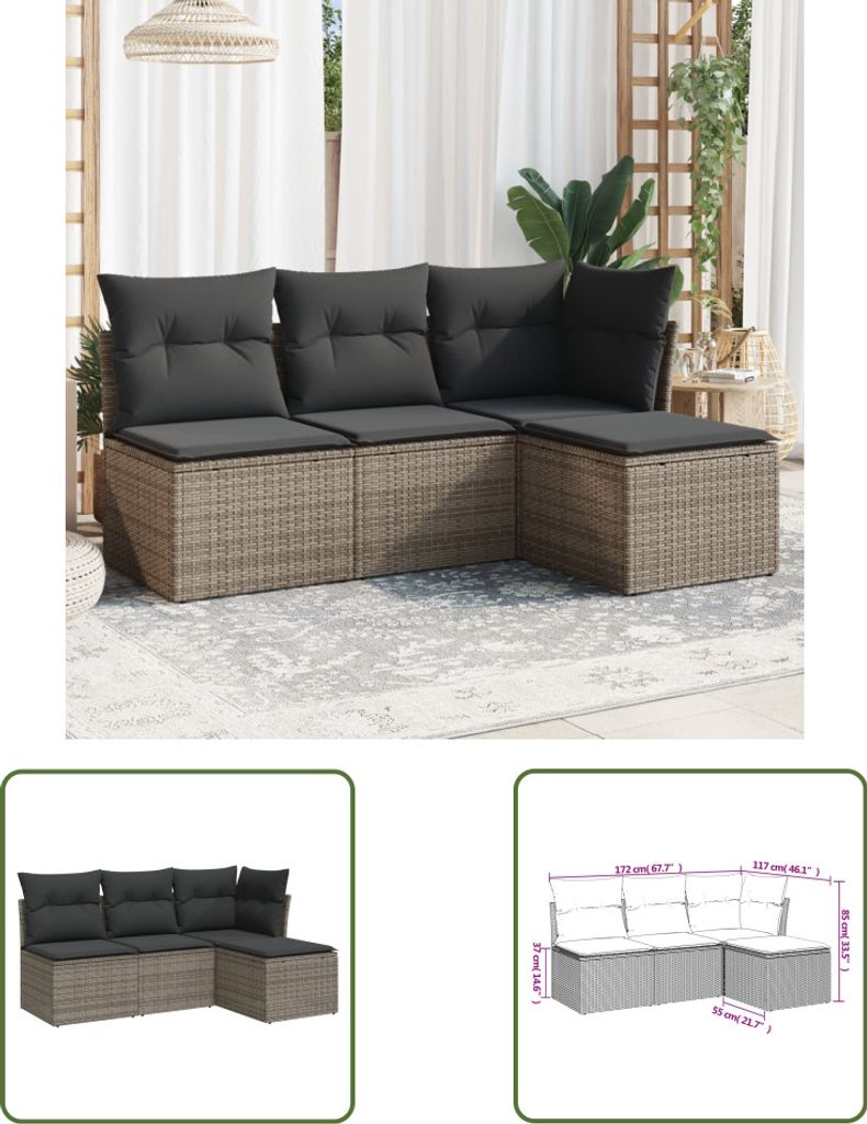 The Living Store 4-tlg. Garten-Sofagarnitur mit Kissen Grau Poly Rattan