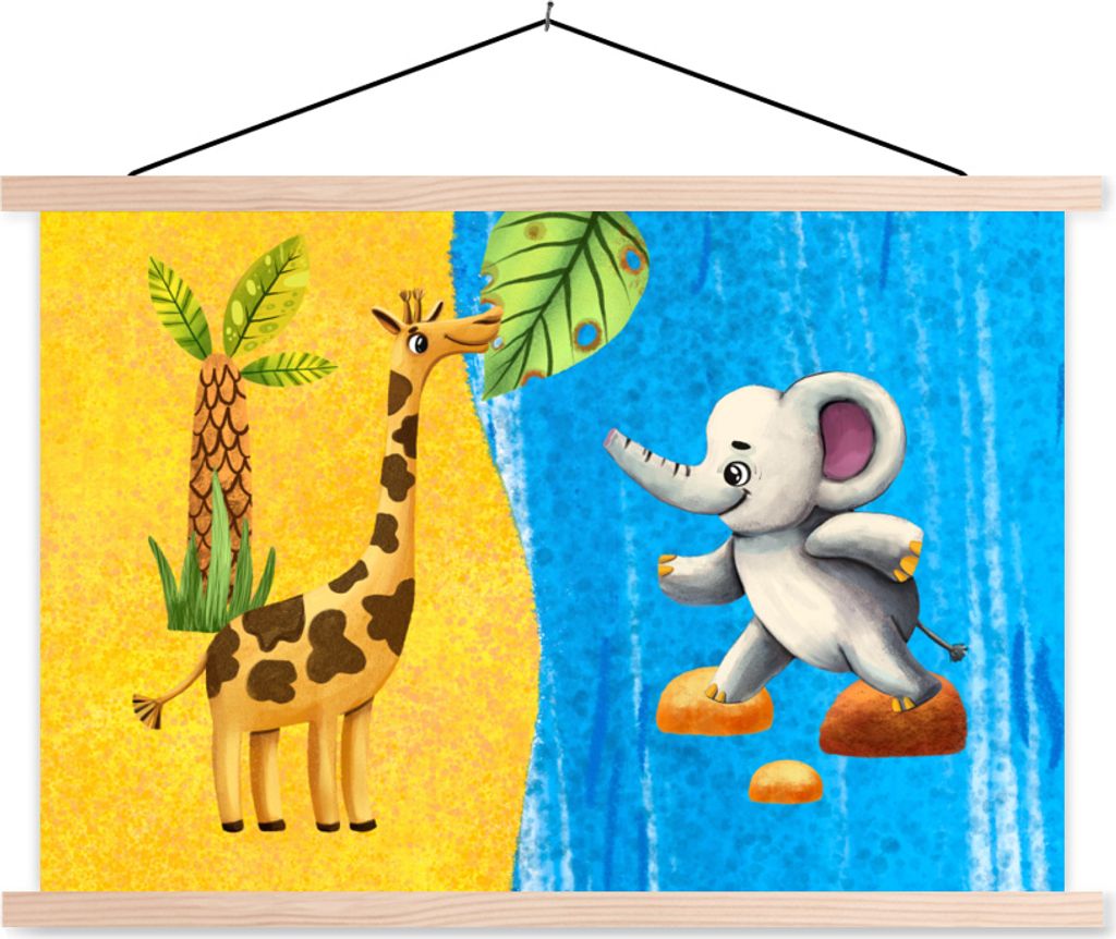 MuchoWow Textilposter Elefant - Giraffe - Wasser 120x80 cm mit holzfarbenen Rahmen - Aufhängeset