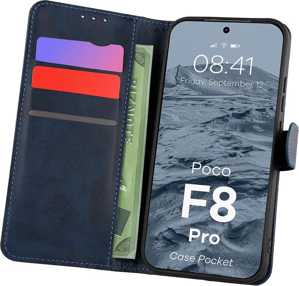 Handyhülle mit Klappe für Xiaomi POCO F8 Pro, Bizon Case Pocket, Dunkelblau