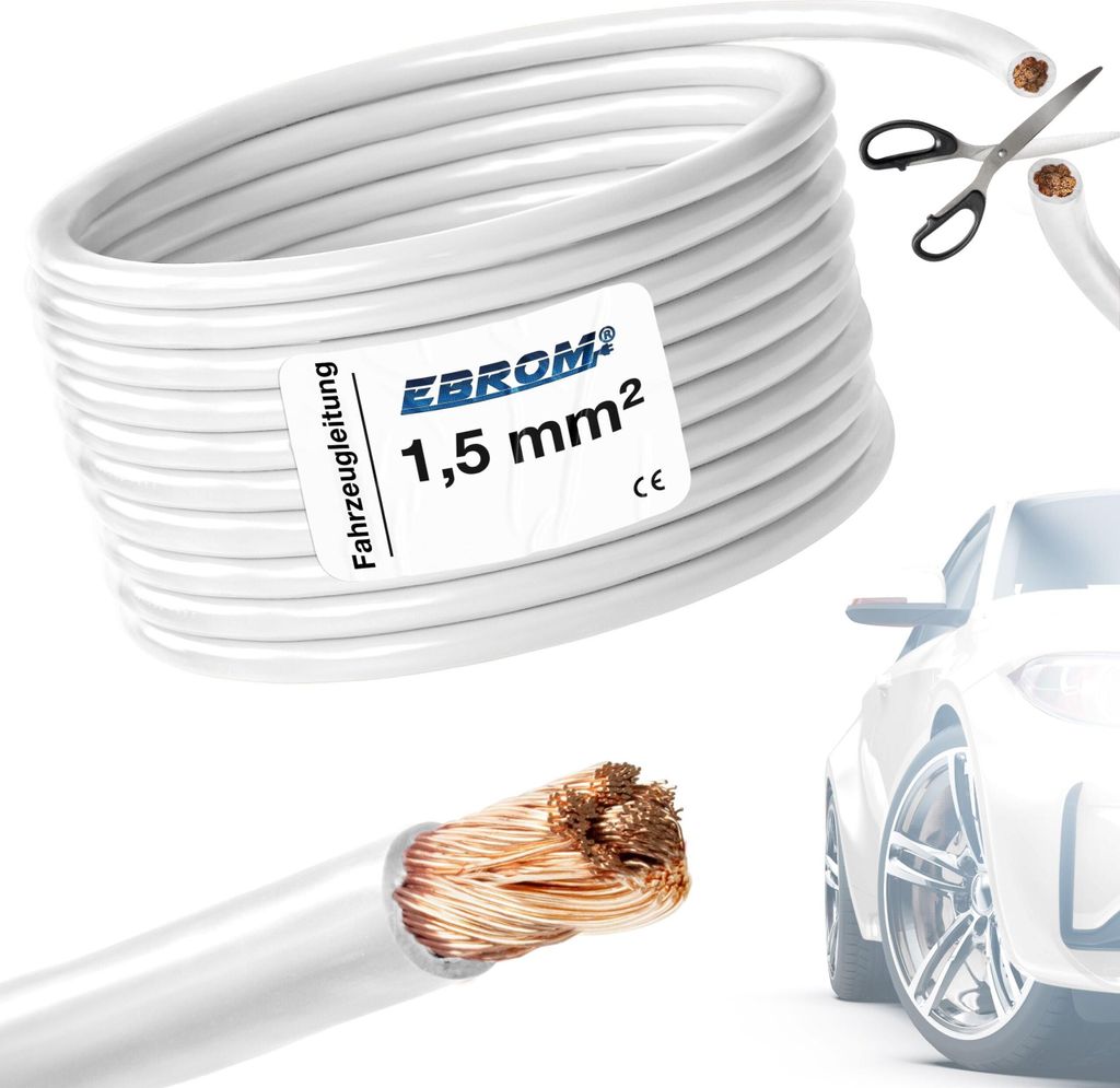 20 Meter EBROM FLRY 1,5mm2 Fahrzeugleitung - KFZ Leitung - Farbe: weiß (weiss) - Querschnitt 1,5 mm² (mm2) flexibel 90 ± 5 Shore 99,99% Kupfer M...