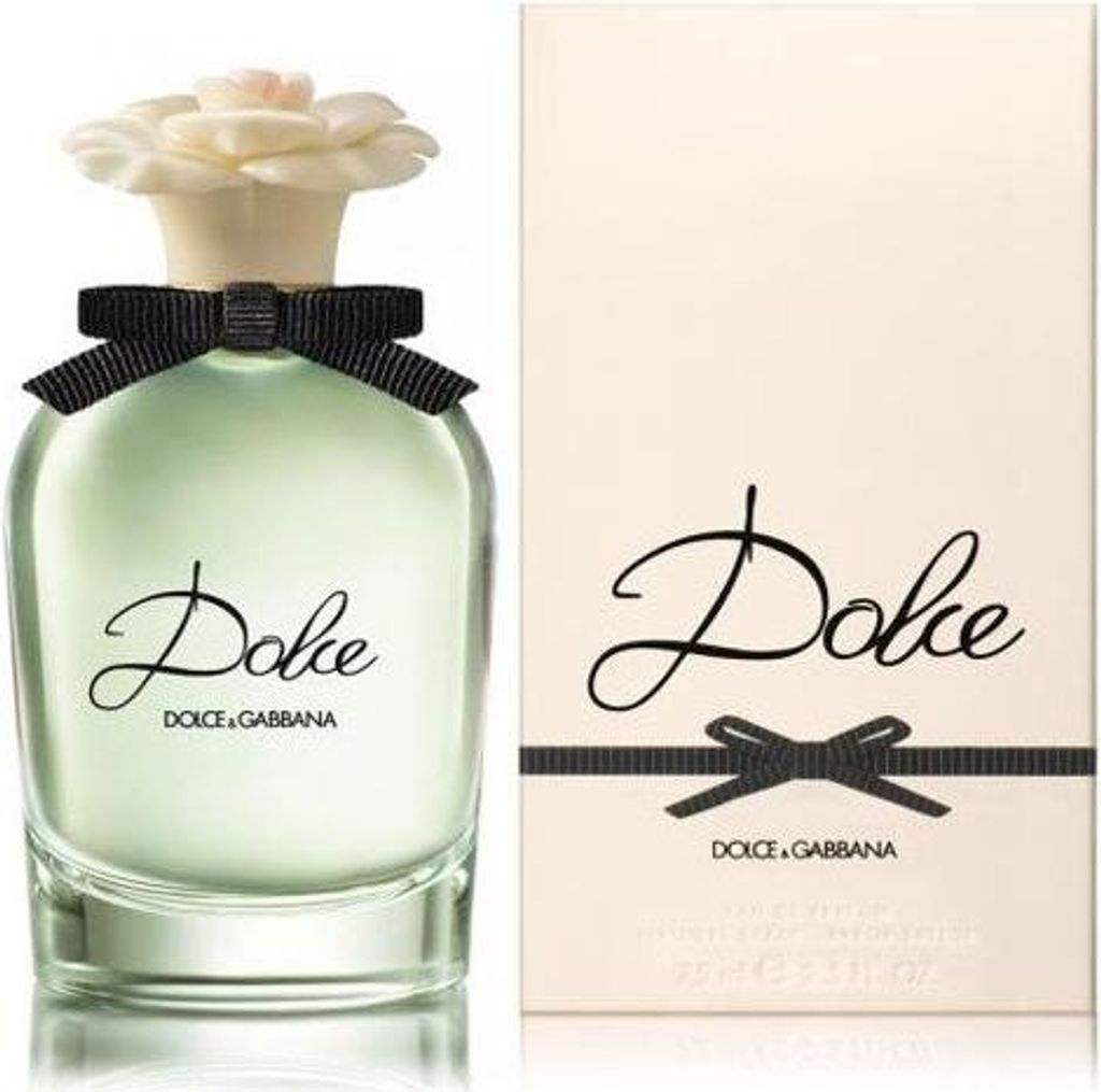 A bottle of Dolce & Gabbana Dolce Eau de Parfum and its packaging are displayed side-by-side against a white background.