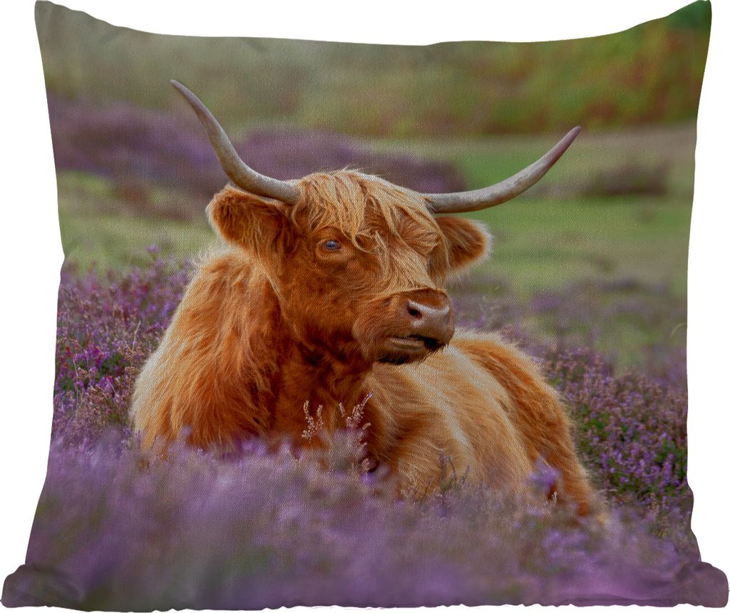 MuchoWow Outdoor Kissen - Schottisches Hochlandrind - Blumen - Licht - 45x45 cm - Wetterfest - Lounge Kissen - Fotokissen - Dekoratives Kissen