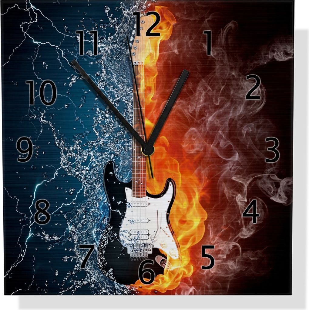 Wallario Design Wanduhr Feuer-Wasser-Gitarre aus Aluverbund, Größe 30 x 30 cm