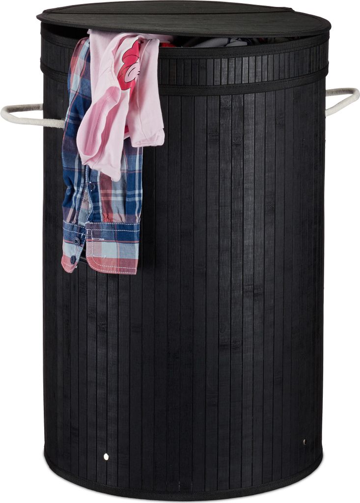 2 x Wäschekorb Bambus, runder Wäschesammler mit Klappdeckel, 65 l, faltbare Wäschetonne, Ø 40cm, Wäschebehälter, schwarz