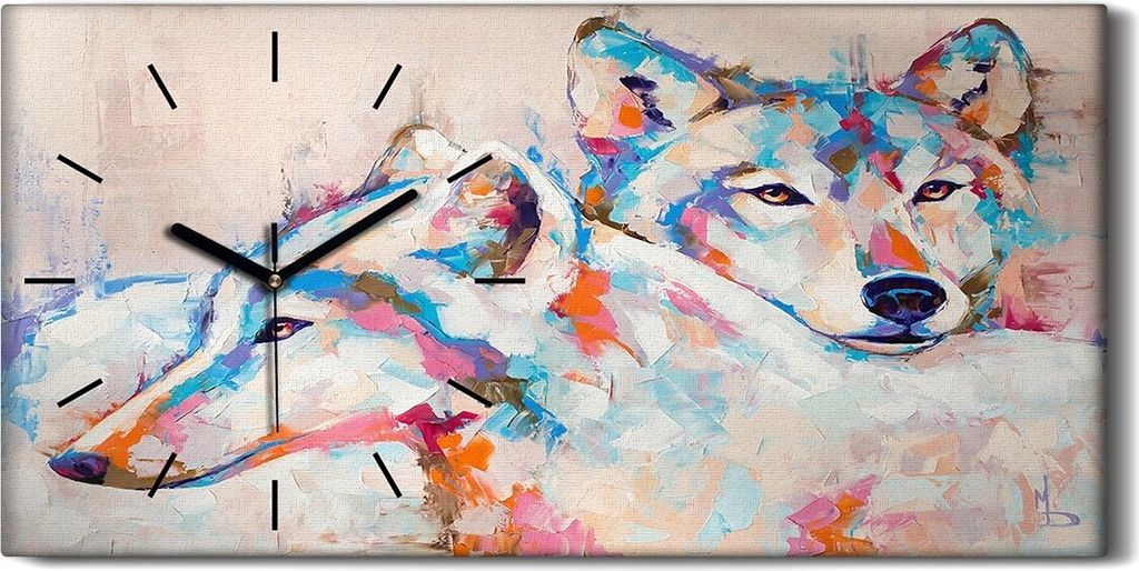 Wandkunst Leinwand Bild Uhr Geräuschlos 60x30 Malerei Tiere Wölfe Kunst - schwarze Hände