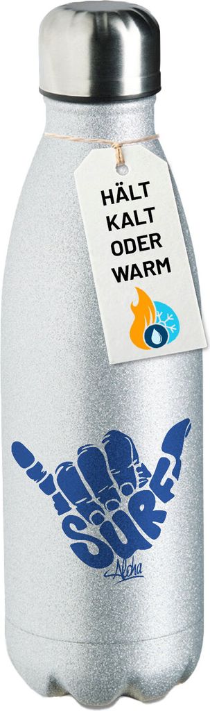 Huuraa Trinkflasche Hang Loose Surf Aloha 500ml Silver Edelstahl Wasserflasche Trinkflasche Geschenkidee