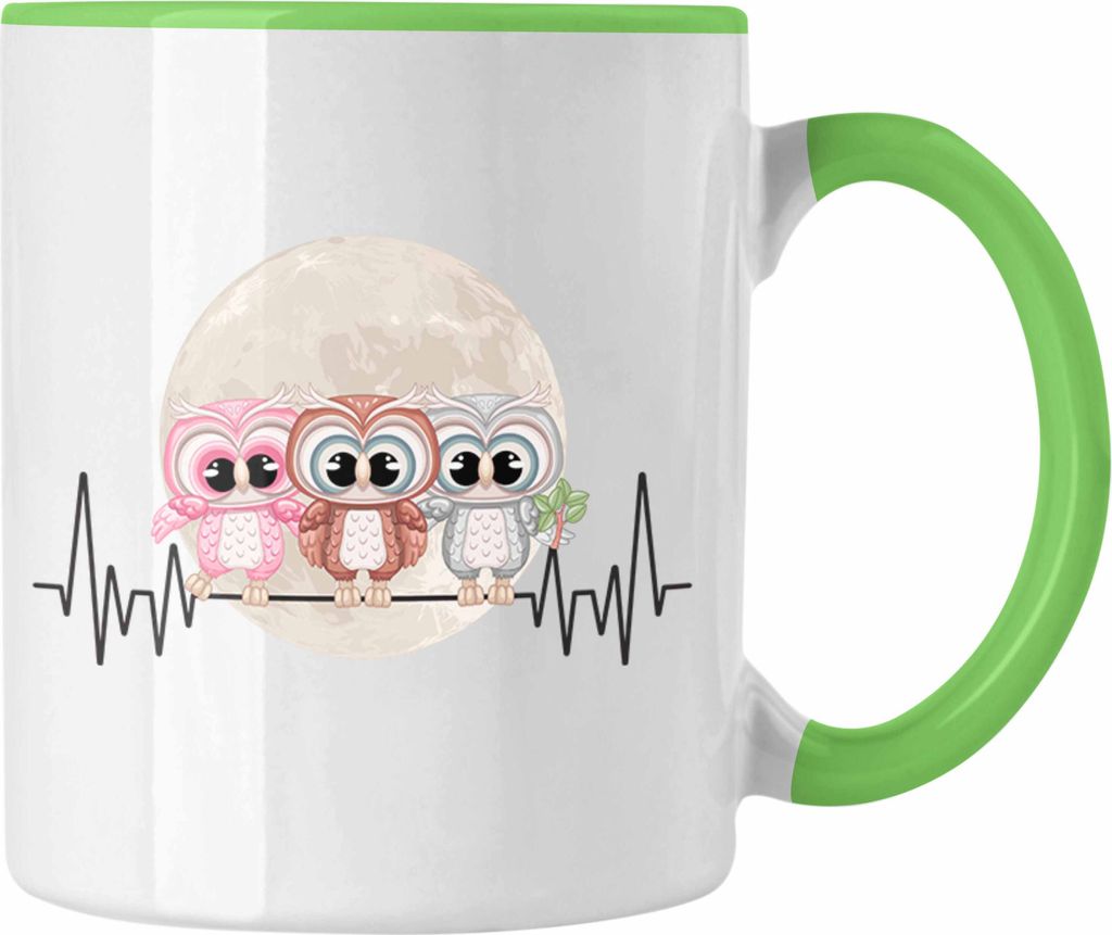 Trendation - Eulen Herzschlag Tasse Geschenk für Eulen-Fans Hobby Geschenkidee (Grün)