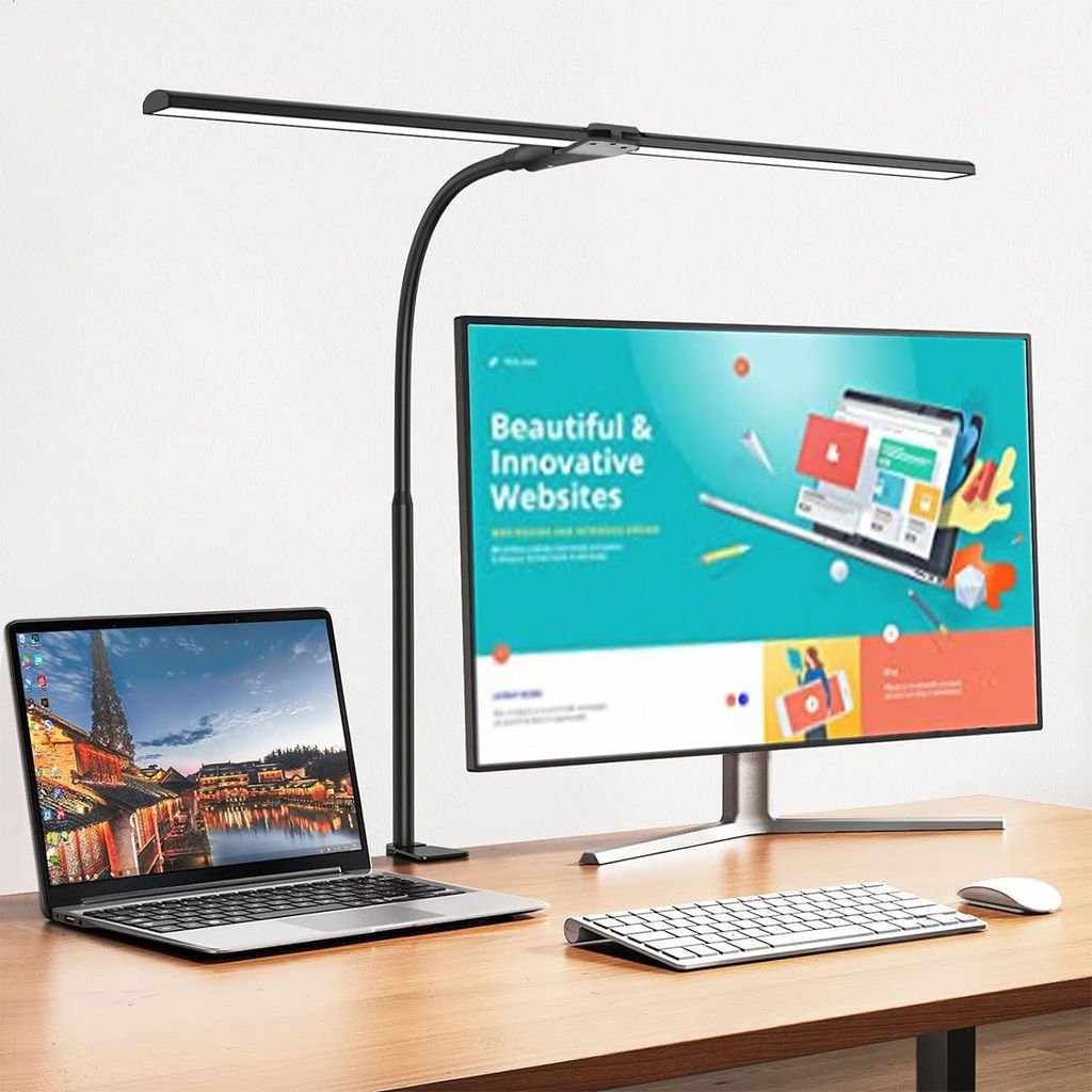 Oyajia 24W Verstellbarer LED Schreibtischlampe, 80cm Doppelkopf klemmbar Augenschutz Tischlampe, Schwanenhals-Büro-Tischlampe, mit 5 Farbtemperatur