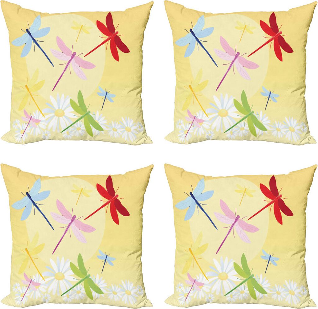 ABAKUHAUS Libelle Kissenbezug Set (4 Stück), Blumenfeld und Sonne, Moderner Doppelseitiger Digitaldruck, 45 cm x 45 cm, Mehrfarbig