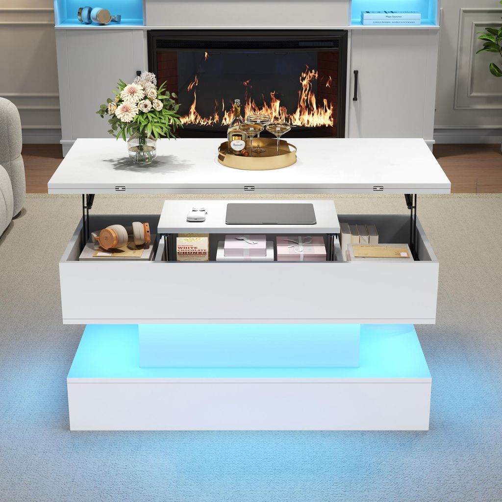 MODFU Couchtisch Wohnzimmertisch Weiß mit LED,Sofatisch Kaffeetisch,höhenverstellbarer Beistelltisch mit verstecktem Stauraum,USB-C & USB-Ladebuchse