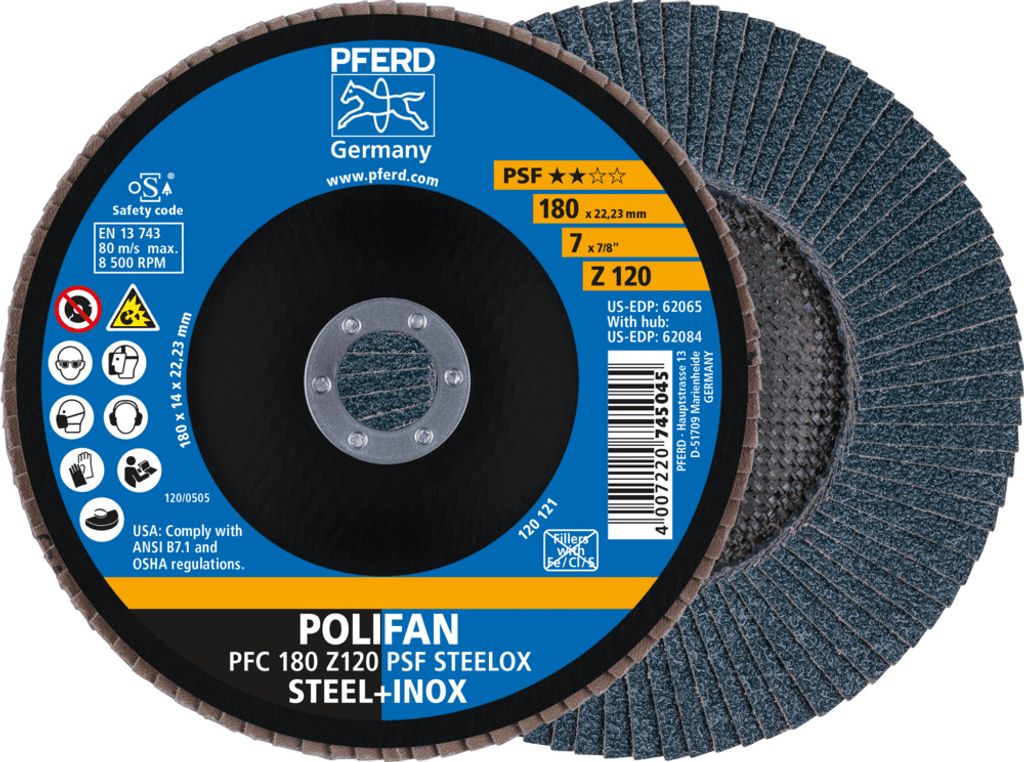 PFERD TOOLS POLIFAN Fächerscheibe PFC 180x22,23 mm konisch Z120 Uni.-Linie PSF STEELOX Stahl/Edelstahl