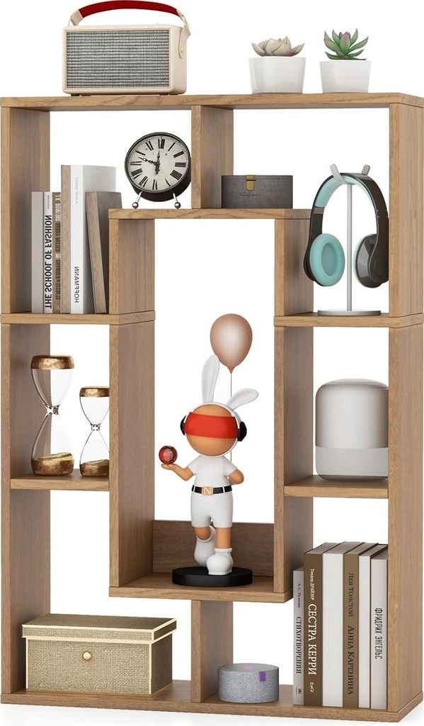 7-Würfel-Bücherregal, geometrisches Bücherregal mit Anti-Rutsch-Füßen & 2 Kippsicherungen, modernes kompaktes Bodenregal, Natur