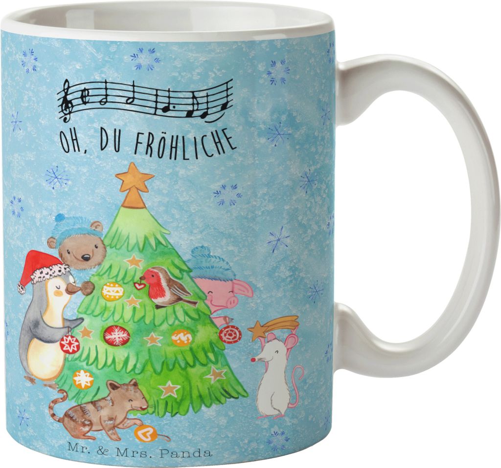 Mr. & Mrs. Panda Kaffeetasse Weihnachtsbaum schmücken - Eisblau - Geschenk, Bedruckte Tasse, Trinkbecher, Kaffeebecher, Winter, Pott