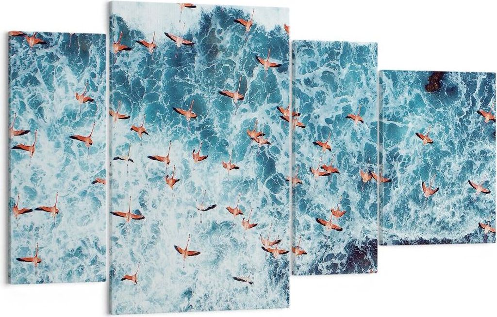 Bild auf Leinwand - Leinwandbild - 4 Teile - Flamingos Karibik Vögel - 120x70cm - Wand Bild - Wanddeko - Wandbilder - Leinwanddruck - Bilder - Wan...