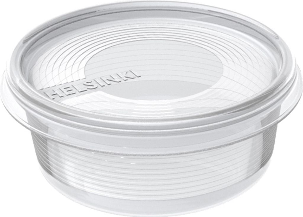 A clear, studio shot of a transparent round plastic container with a lid.