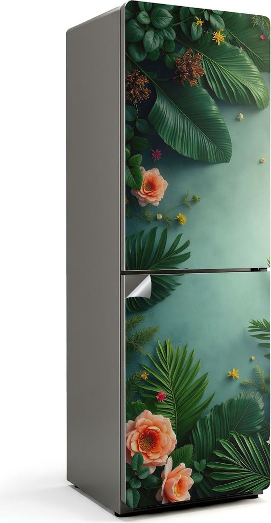 Blumenmuster mit Blättern – Kühlschrank Aufkleber – Klebefolie Kühlschrank – Kühlschrank Nachbildung – Kühlschrankfolie selbstklebend ...