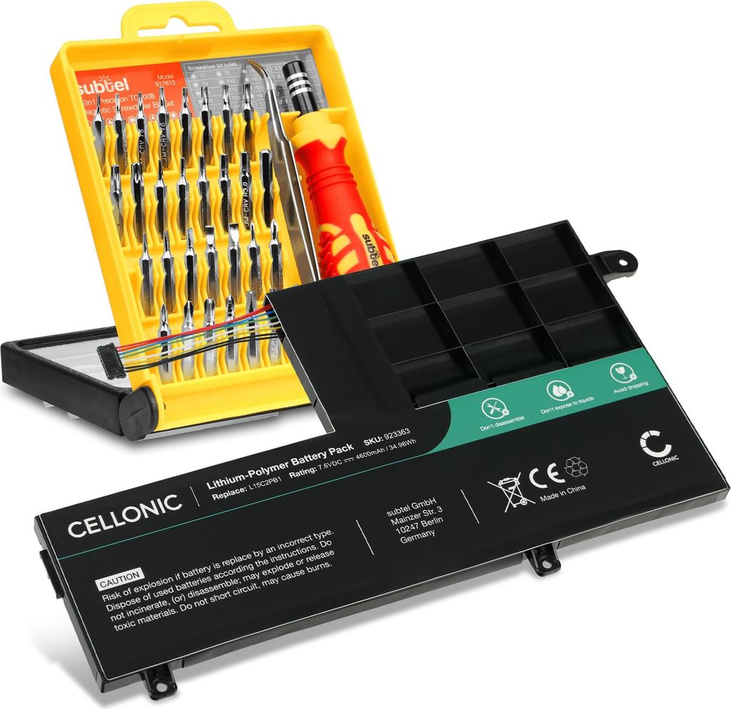 subtel 1x Akku für Notebook Kompatibel mit Lenovo Yoga 510-15ISK, Yoga 510-14AST, Yoga 510-14IKB, L15M2PB1 - (4600mAh, 7.6V) + Werkzeug-Set