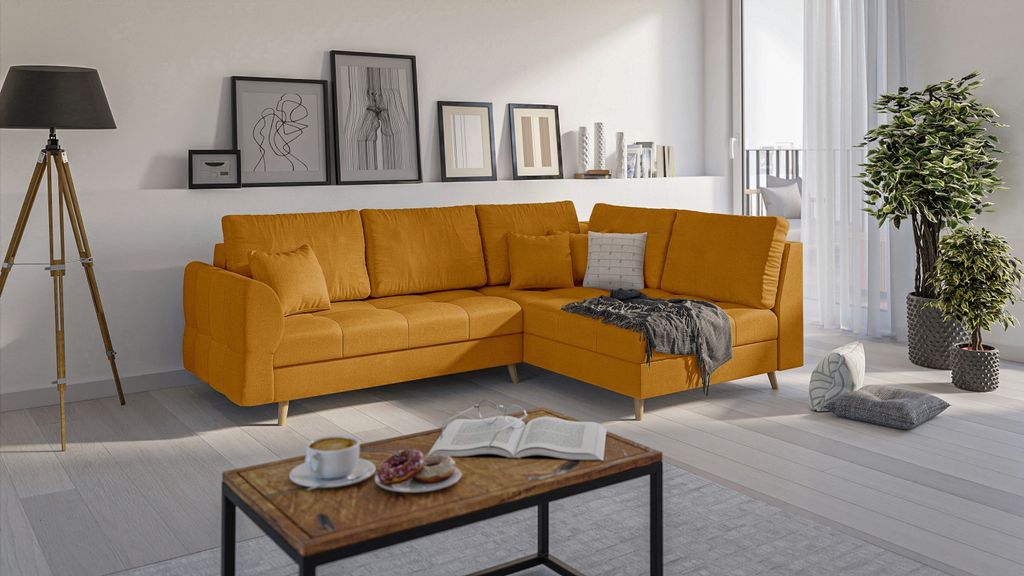 S-STYLE MÖBEL - Ecksofa mit Holzfüßen im skandinavischen Stil Marco aus Gelb Luxusmicrofaser - Ottomane rechts - B/T/H: 231 cm/161 cm/81 cm