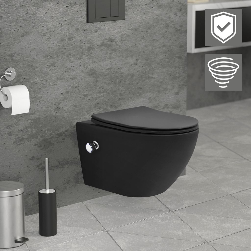 LuxeBath Spülrandloses Wand Hänge-WC mit Bidet-Funktion, Schwarz, lang, Tornadospülung, mit Nano Beschichtung