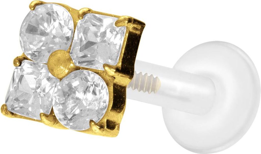 Ohrpiercing, Nasenpiercing PTFE Labret mit Innengewinde + Titan-Aufsatz KRISTALLBLUME Gold Stablänge: 8mm | Stabstärke: 1,6mm