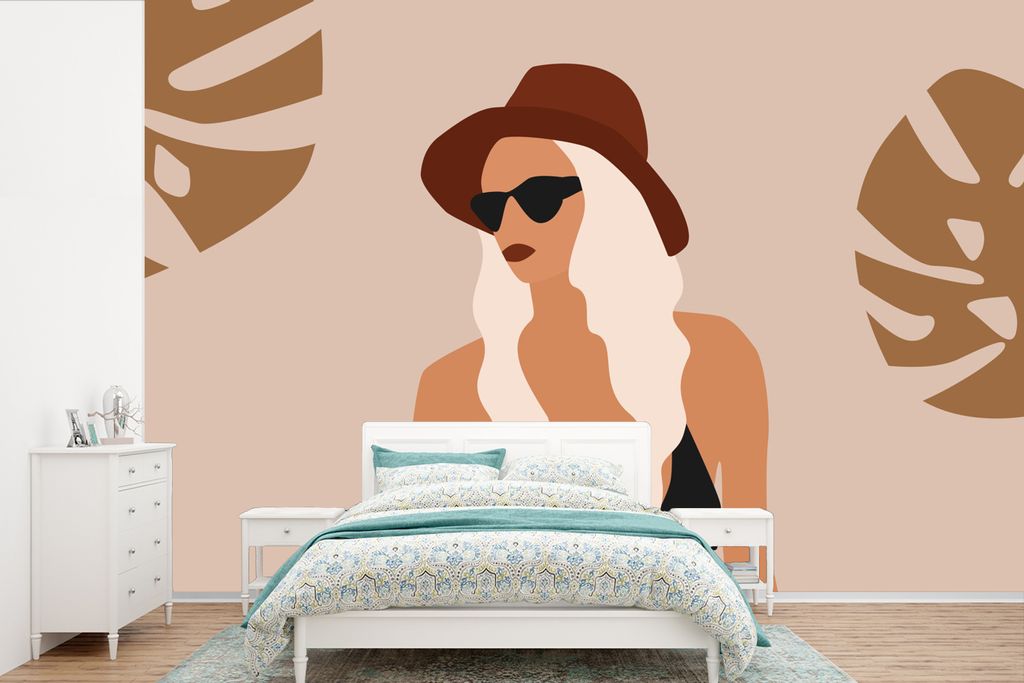 MuchoWow Fototapete für Wohnzimmer oder Schlafzimmer Wandtapete Vinyl Motivtapete Sommer - Blätter - Pastell - 450x300 cm - Gemusterte