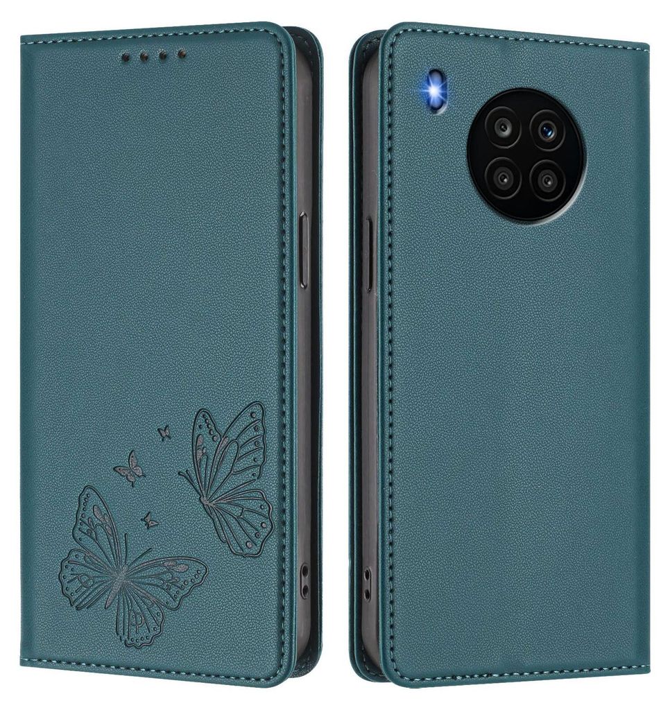 Lederhülle für Huawei Nova 8i /Honor 50 Lite, Schmetterling Prägung Leder Brieftasche Schutzhülle mit Ständer Grün