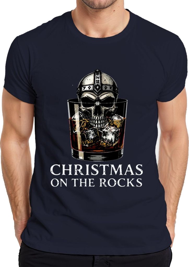 Christmas On The Rocks Whiskey Skull Viking Helm Runen Geschenk Herren T-Shirt, Navy, M