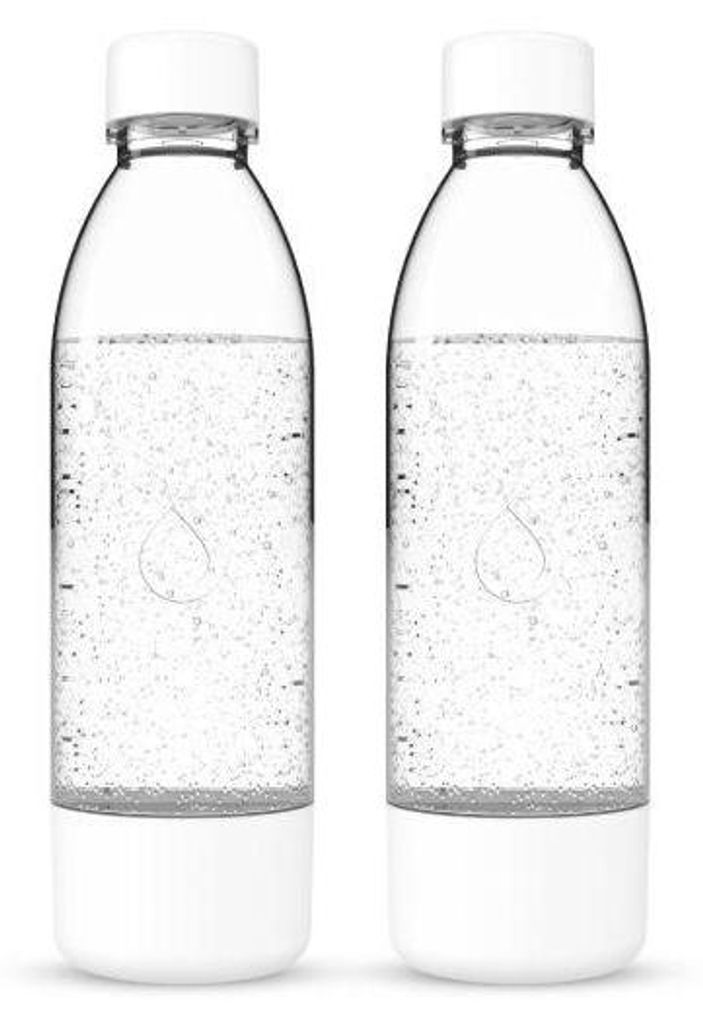 Two identical clear plastic bottles with white caps and bases, filled with a clear carbonated liquid.