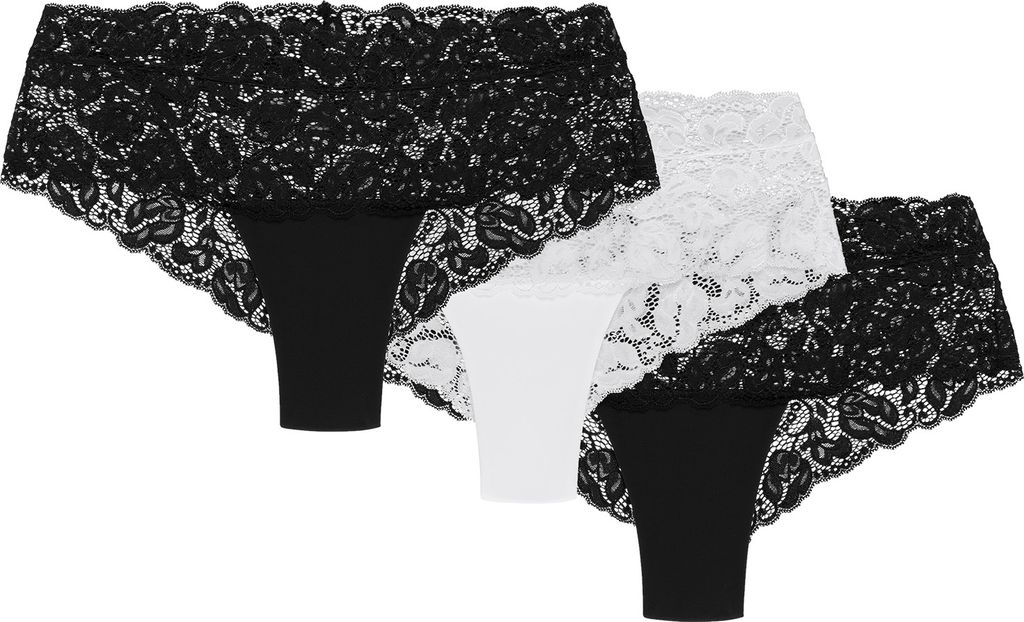 Wolbar Damen Shorts 3er Pack Spitze Pantys Slips Boxershorts Hipster Unterwäsche WB413, schwarz-schwarz-weiß, S
